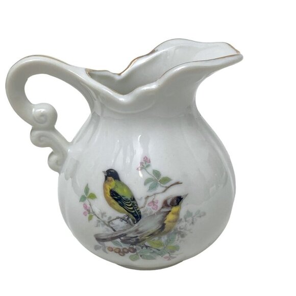 Vintage Creamer and Saucer Yellow Finch Birds Design Ceramic Set Mini Pitcher - Picture 2 of 10